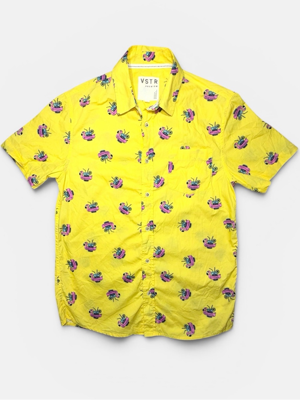 VSTR Premium Flamingo Tropical Button Up Shirt Mens Medium Yellow Resort